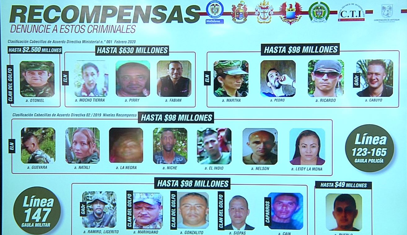 Cartel de los cabecillas de grupos armados más buscados en Antioquia
