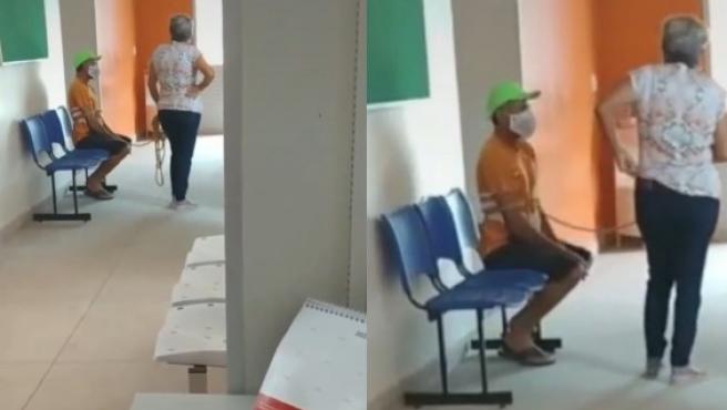 (Video) Mujer llevó a su marido amarrado para que lo vacunaran