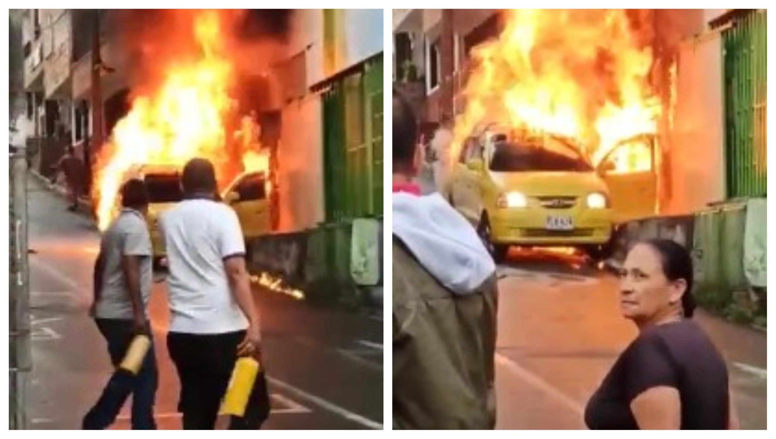 Fuego consume taxi ante mirada atónita de vecinos, ¿qué pasó?