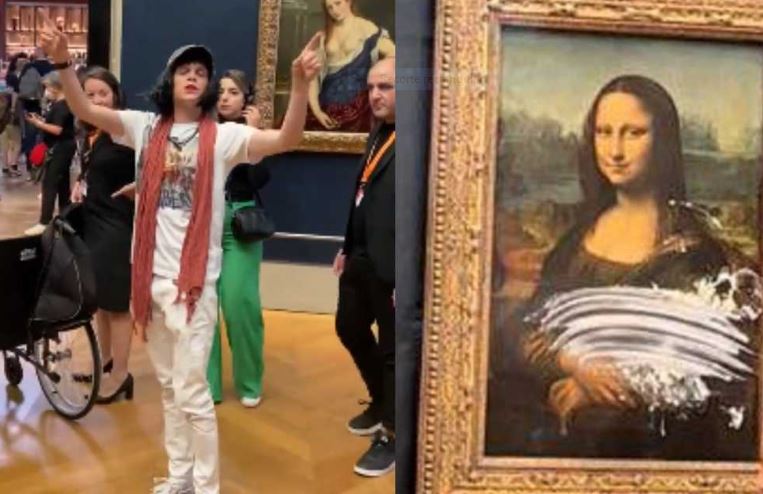 Un hombre disfrazado le lanza un pastel a la Mona Lisa