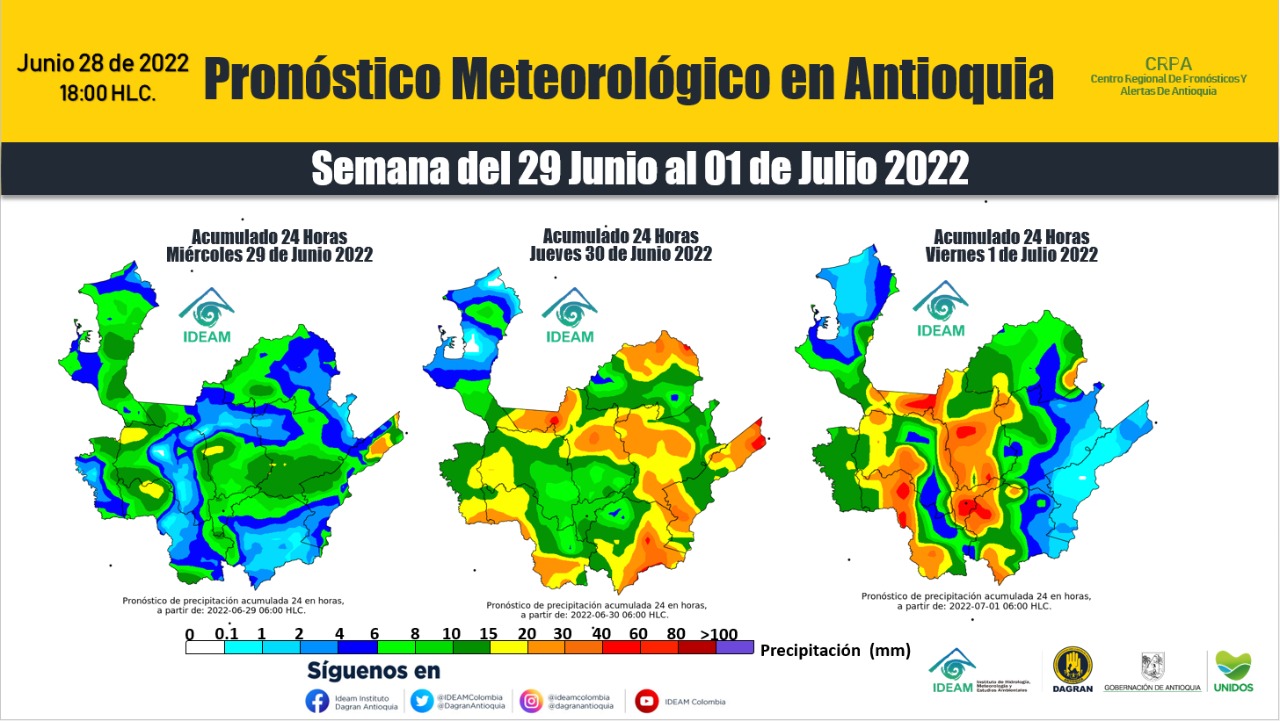 Onda tropical incrementará lluvias en Antioquia: DAGRAN