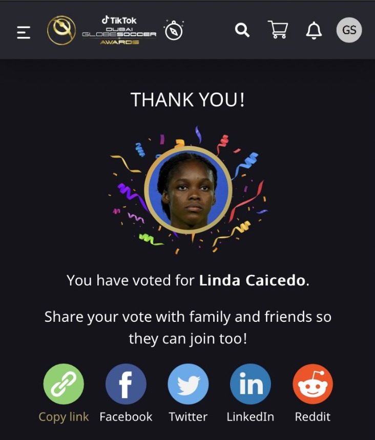 Linda Caicedo fue segunda en la votación de los Globe Soccer Awards