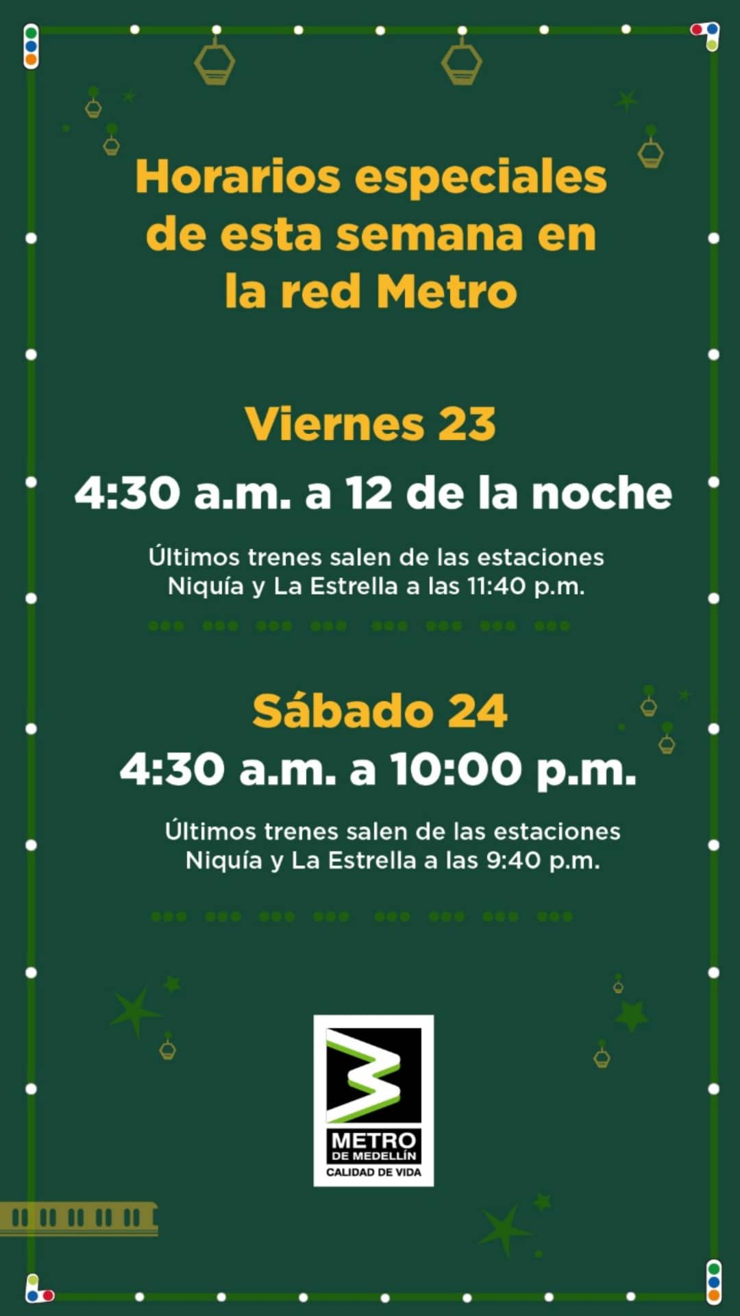 Téngalo presente! Estos son los horarios del Metro para el 23, 24 y 25 de  diciembre - Telemedellín