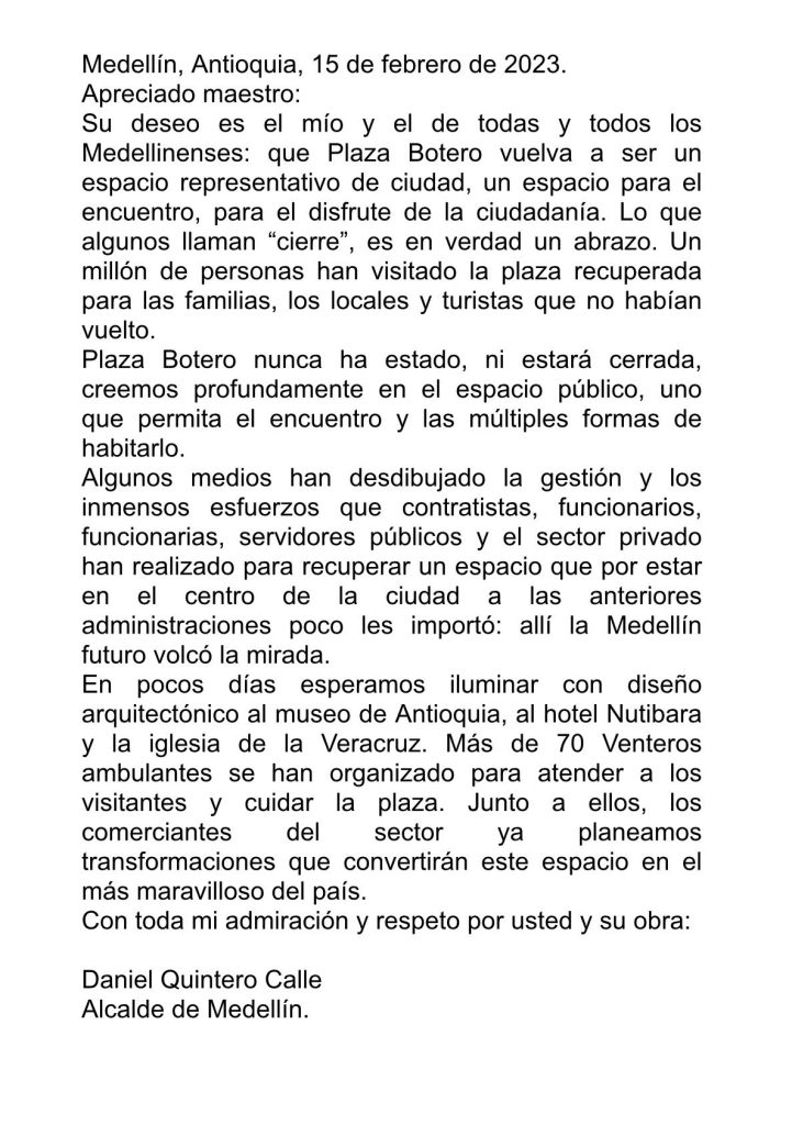 Quintero le envía carta al Maestro Botero sobre intervención en Plaza Botero