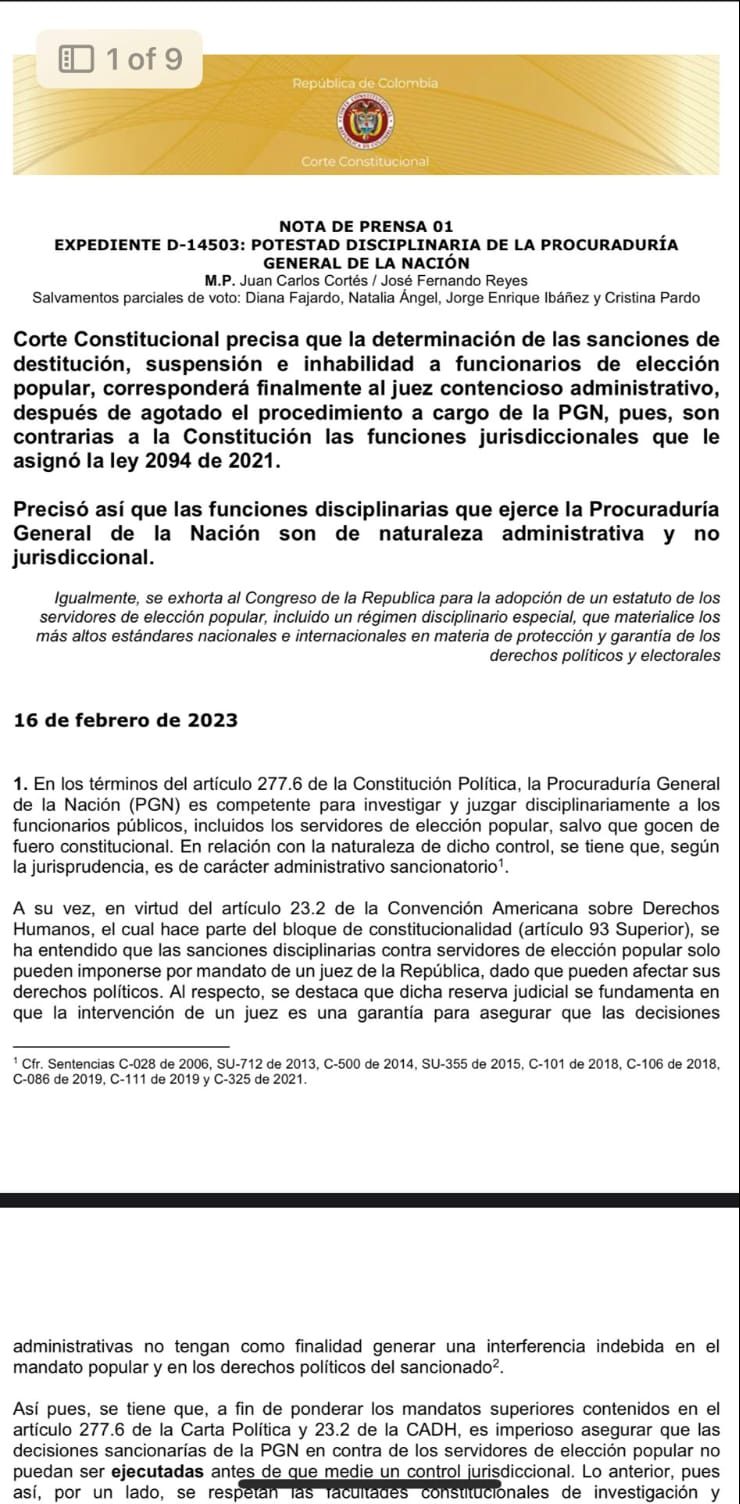 Procuraduría no puede sancionar a funcionarios de elección popular, Corte Constitucional 