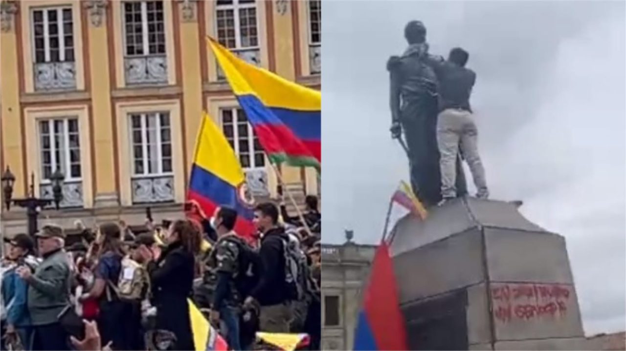 [Video] Exmilitares protestan y quitan banderas de guardia indígena en Plaza de Bolívar