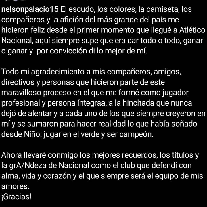 Nelson Palacio Se Despidió De Nacional Luego De 3 Temporadas 