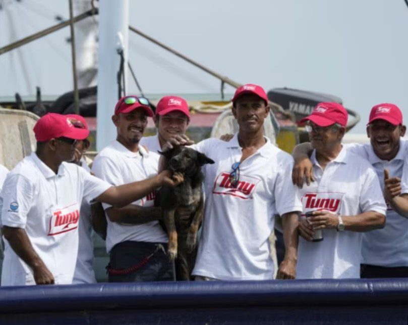 Naufrago y su perrita en el mar