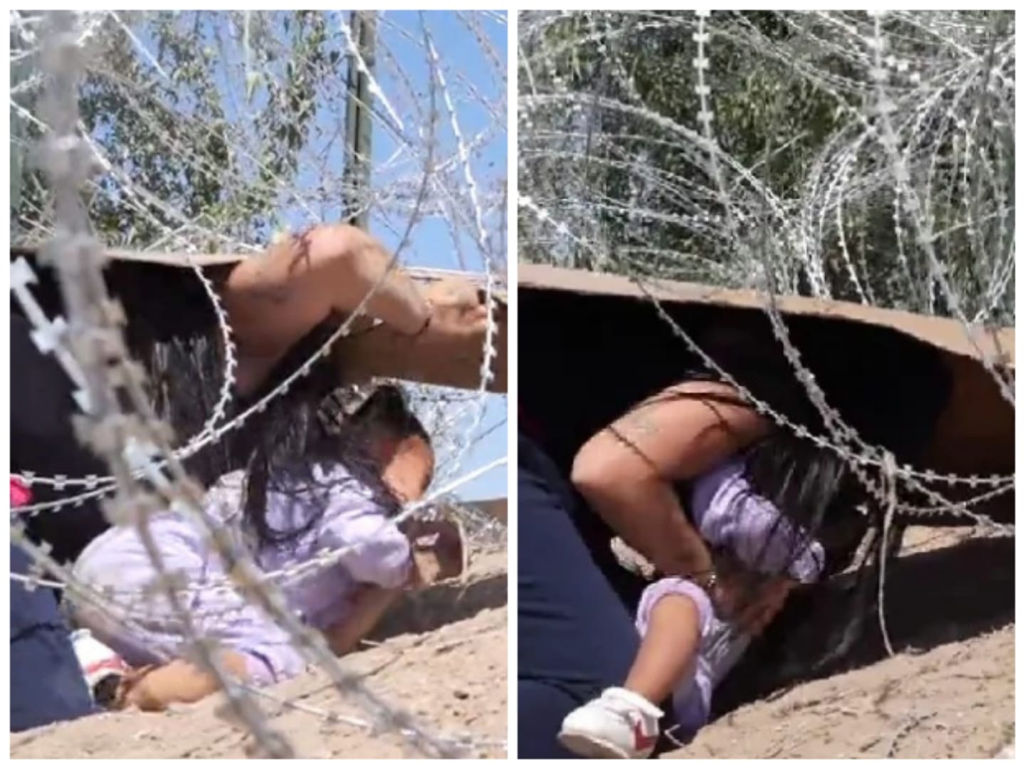 [Video] ¡Imágenes impactantes! Con sólo un cartón, así cruzaron frontera llena de alambres de púas