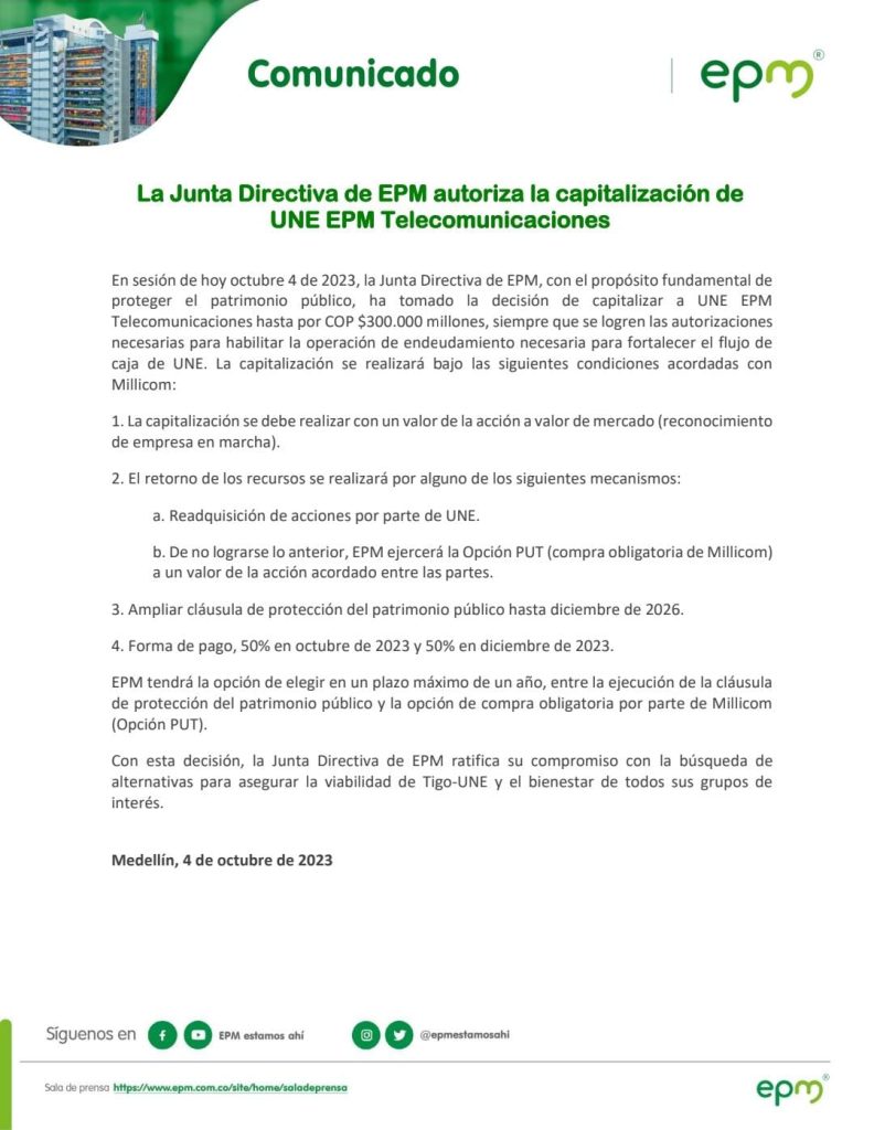 EPM capitalizará UNE-EPM