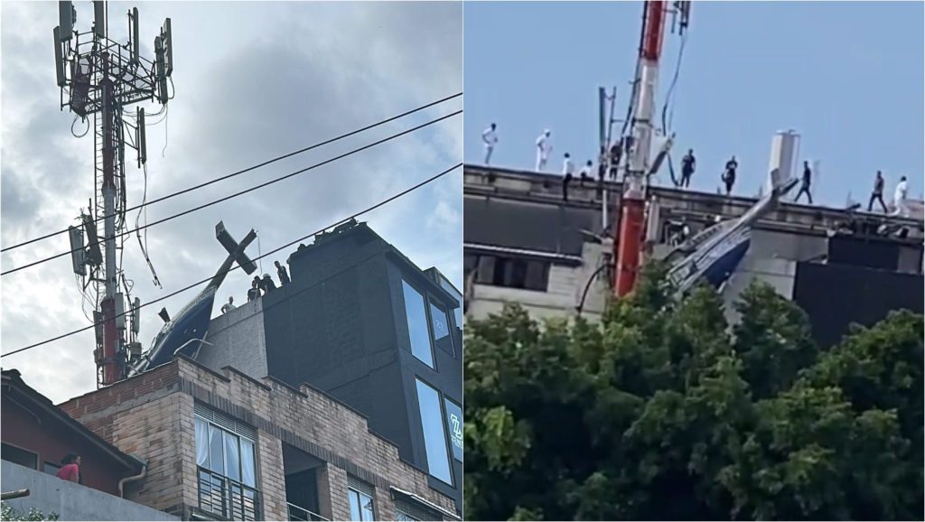 [Video] ¡Atención! Un helicóptero cayó a un techo de un edificio en el barrio Manrique