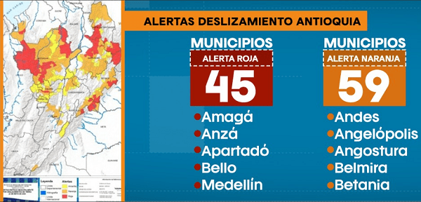 Estos son los municipios en alerta por riesgo de deslizamiento en Antioquia