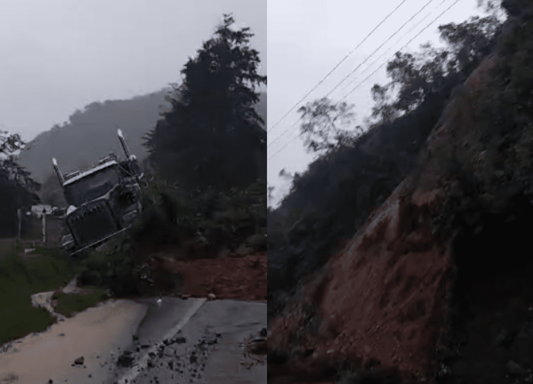 Hay cierre en la autopista Medellín-Bogotá por derrumbe que por poco tapa un camión