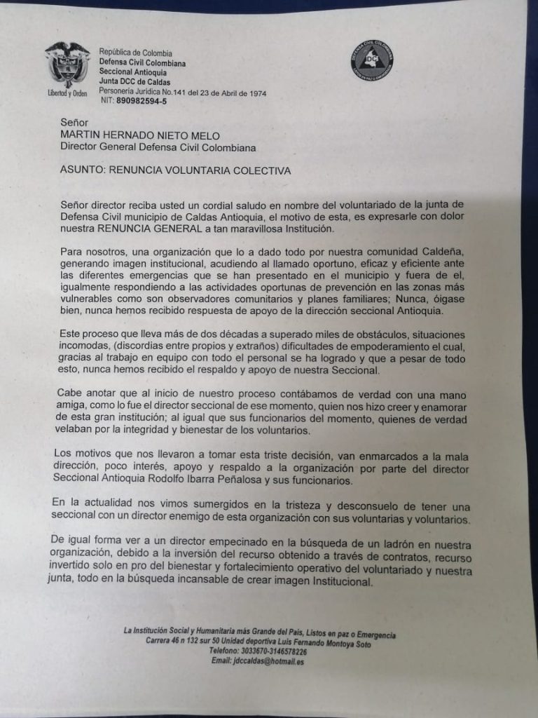 Voluntarios de la Defensa Civil de Caldas renunciaron a la institución