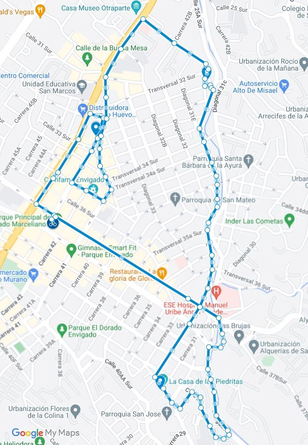 mapa ciclopaseo nocturno envigado