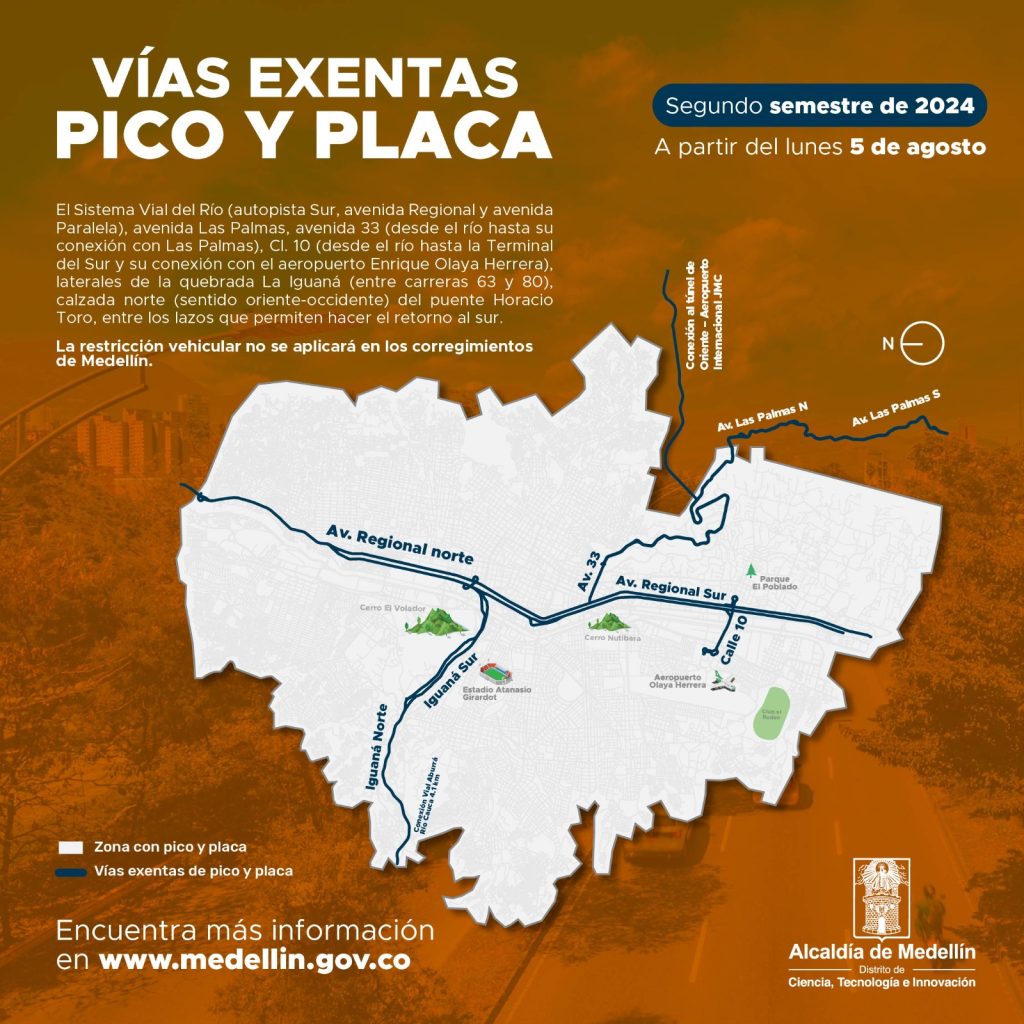 vías exentas de pico y placa en Medellín