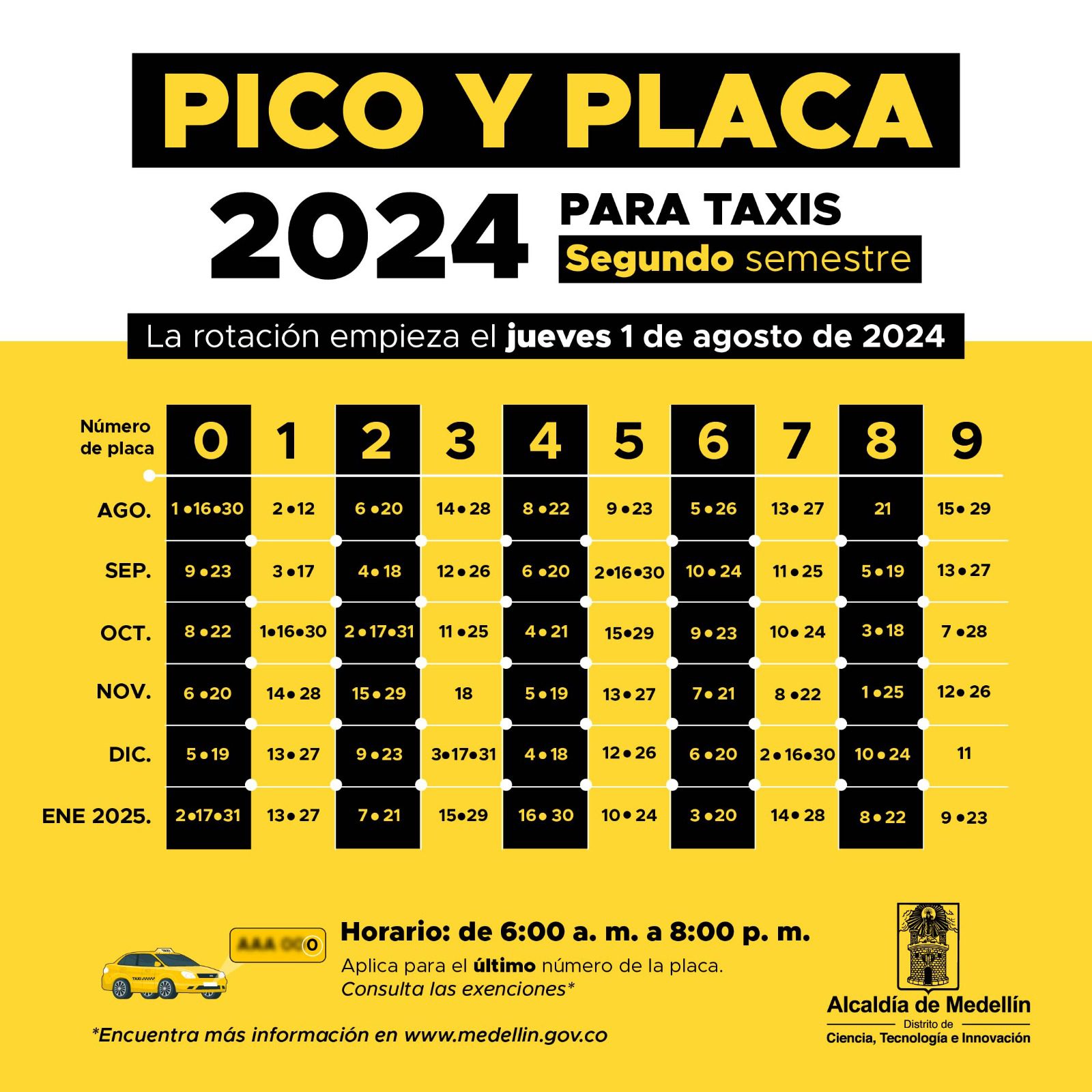 pico y placa taxis en medellín segundo semestre 2024