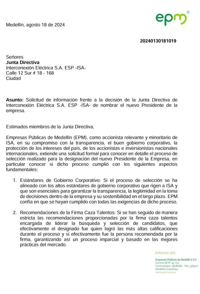 EPM solicitó a ISA detalles para la designación de Jorge Carrillo como presidente de la entidad