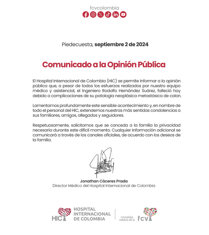 comunicado fallecimiento rodolfo hernández