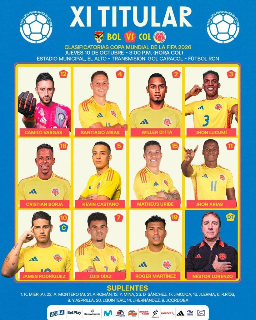 ¡Vamos Colombia! Estos son los 11 elegidos para enfrentar a Bolivia en El Alto