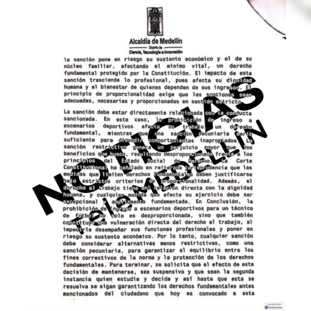 Noticias Telemedellín conoció el documento auto sancionatorio contra el director técnico de Atlético Nacional, Efraín Juarez, donde notifica que en la Inspección de Permanencia 4 de El Poblado, se realizó su audiencia pública por presuntamente incitar a la violencia, en la celebración del paso a la final de la Copa Colombia.  El documento expone la sanción de 36 meses, sin ingresar a ningún estadio del país, además de la sanción económica equivalente a los 26 millones de pesos. Atlético Nacional apelará la decisión contra el estratega en segunda instancia.