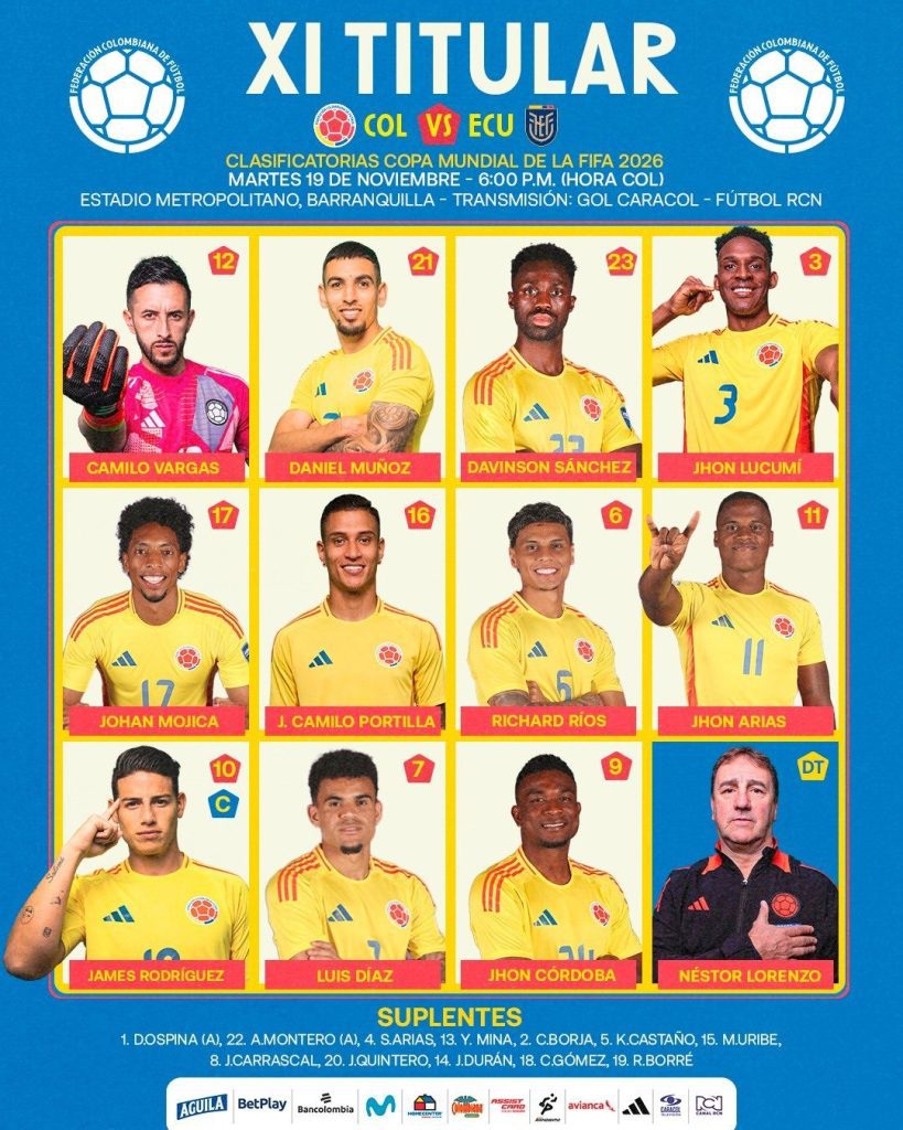 Todo listo en Barranquilla: estos son los 11 de Colombia para enfrentar a Ecuador