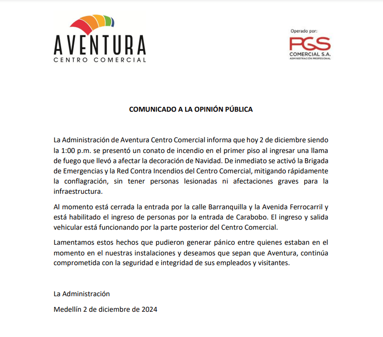 comunicado del centro comercial aventura sobre el incendio