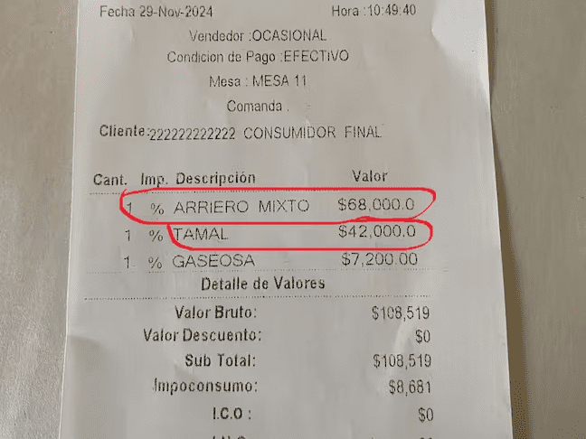 Denuncian cobro excesivo por un calentado en restaurante de Medellín