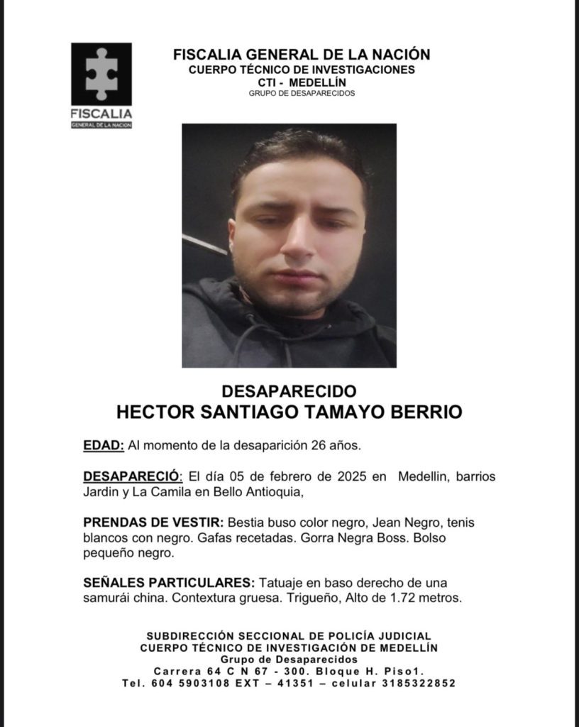 Buscan a Héctor Santiago Tamayo, joven de 26 años desaparecido en Medellín