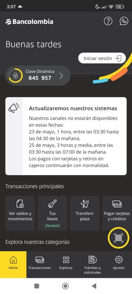  Algunos servicios de la app de Bancolombia estarán en mantenimiento
