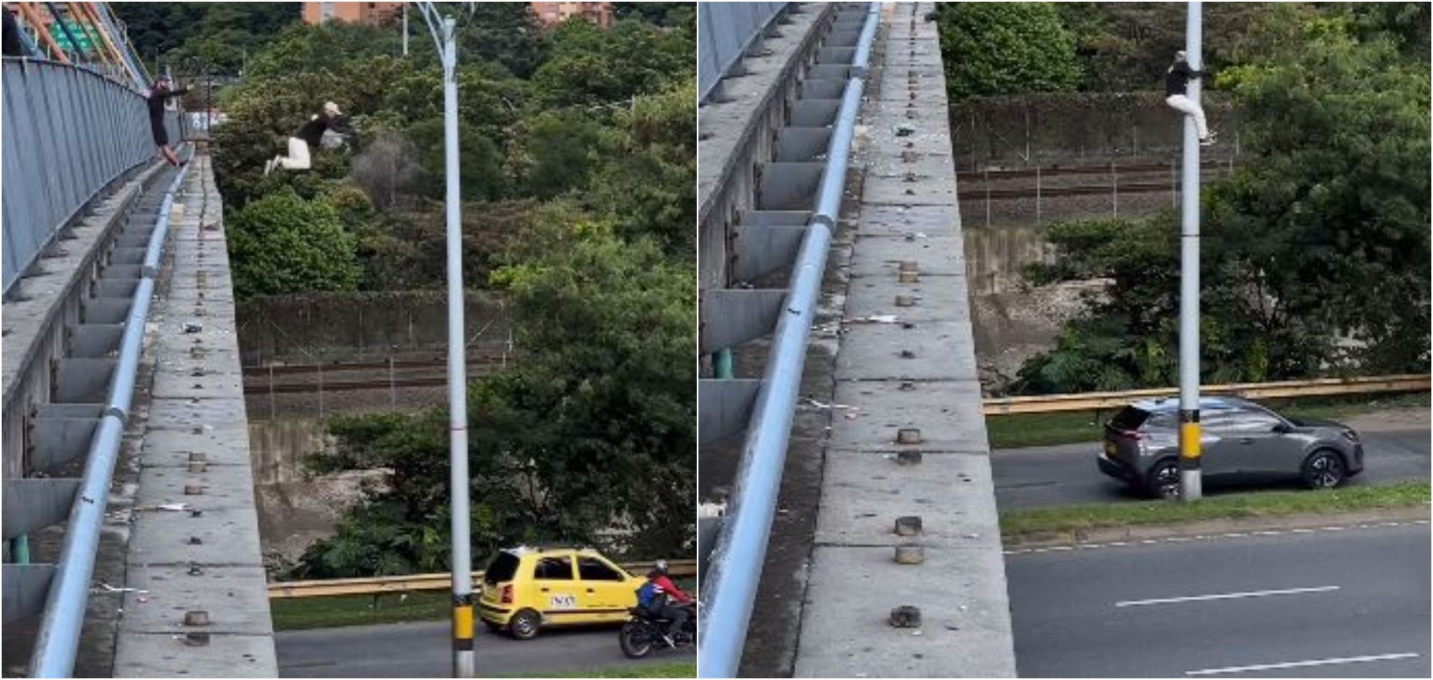 [Video] Hombres se lanzaron del puente de la 4 Sur deslizándose por un poste de energía