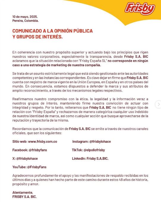 KFC mostró su apoyo a Frisby tras el problema legal de su marca en España