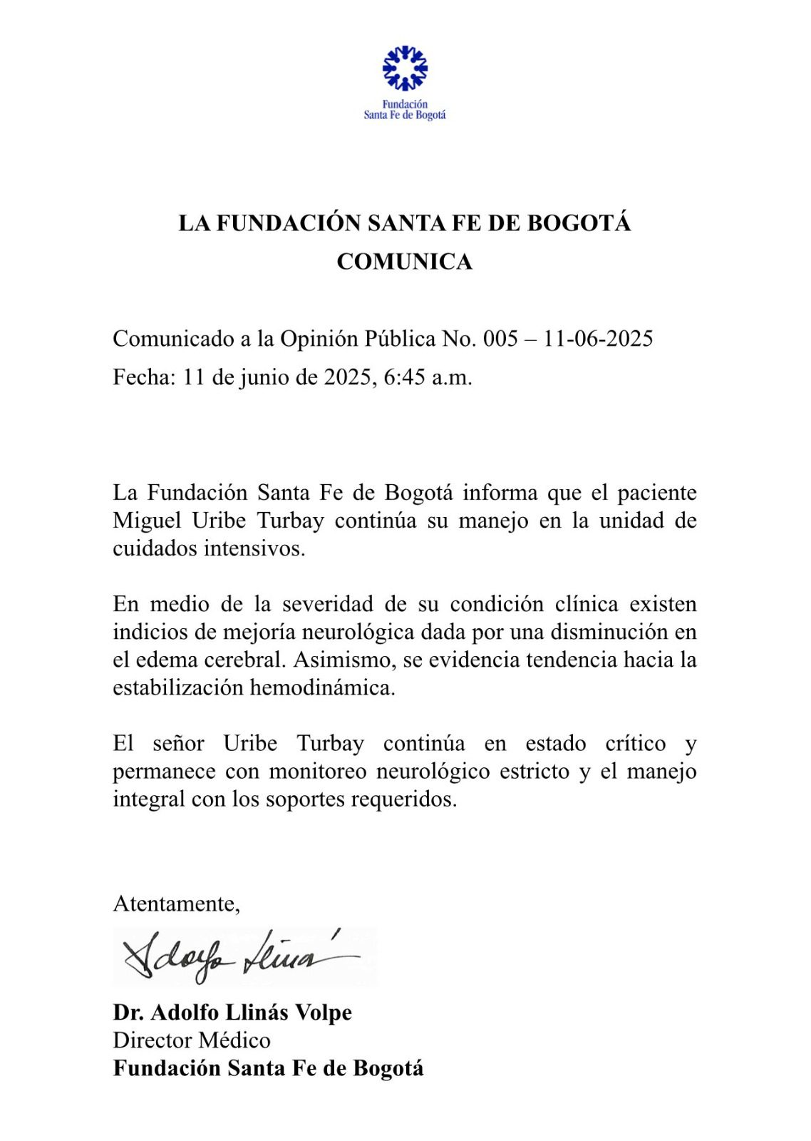 Miguel Uribe presenta signos de mejoría neurológica, según Fundación Santa Fe