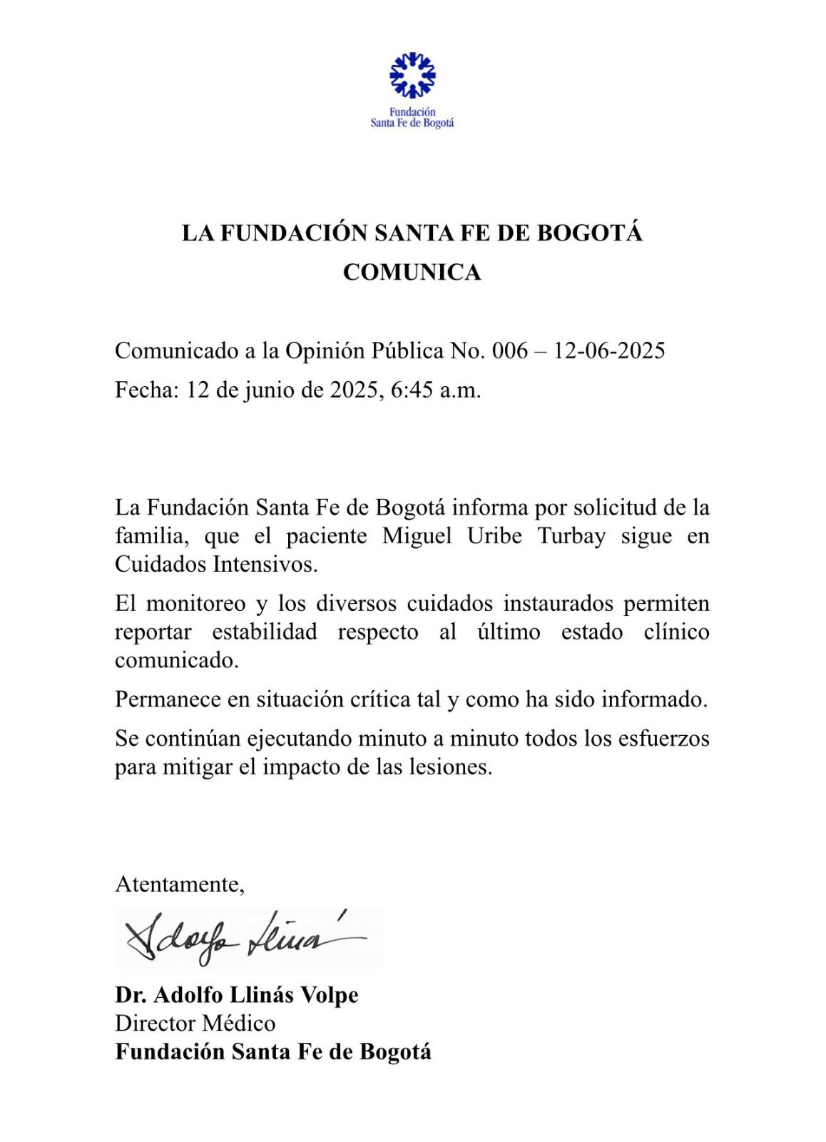 Sexto parte médico de Miguel Uribe indica que permanece estable