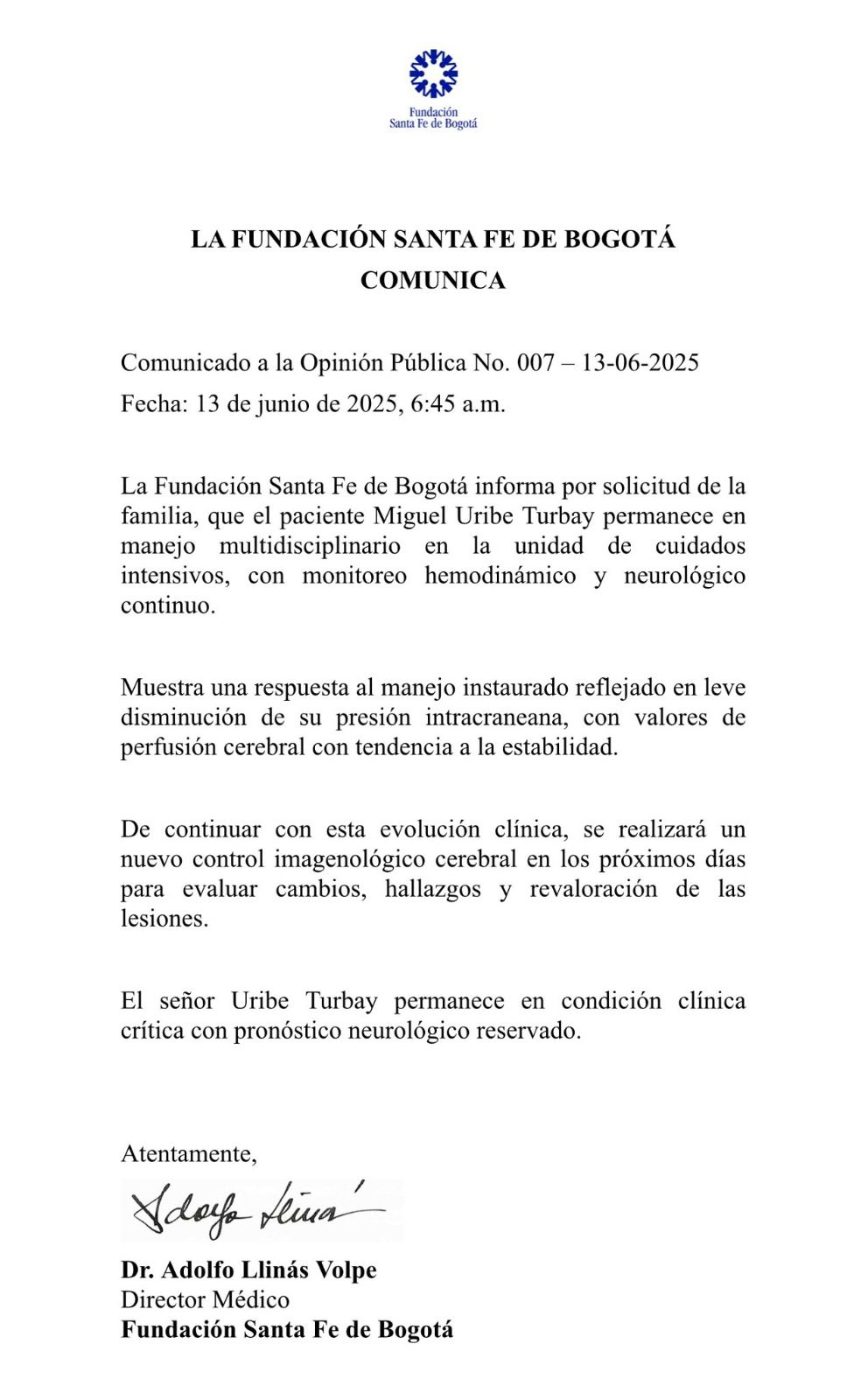 Miguel Uribe evoluciona: “Hay leve disminución en su presión intracraneana”
