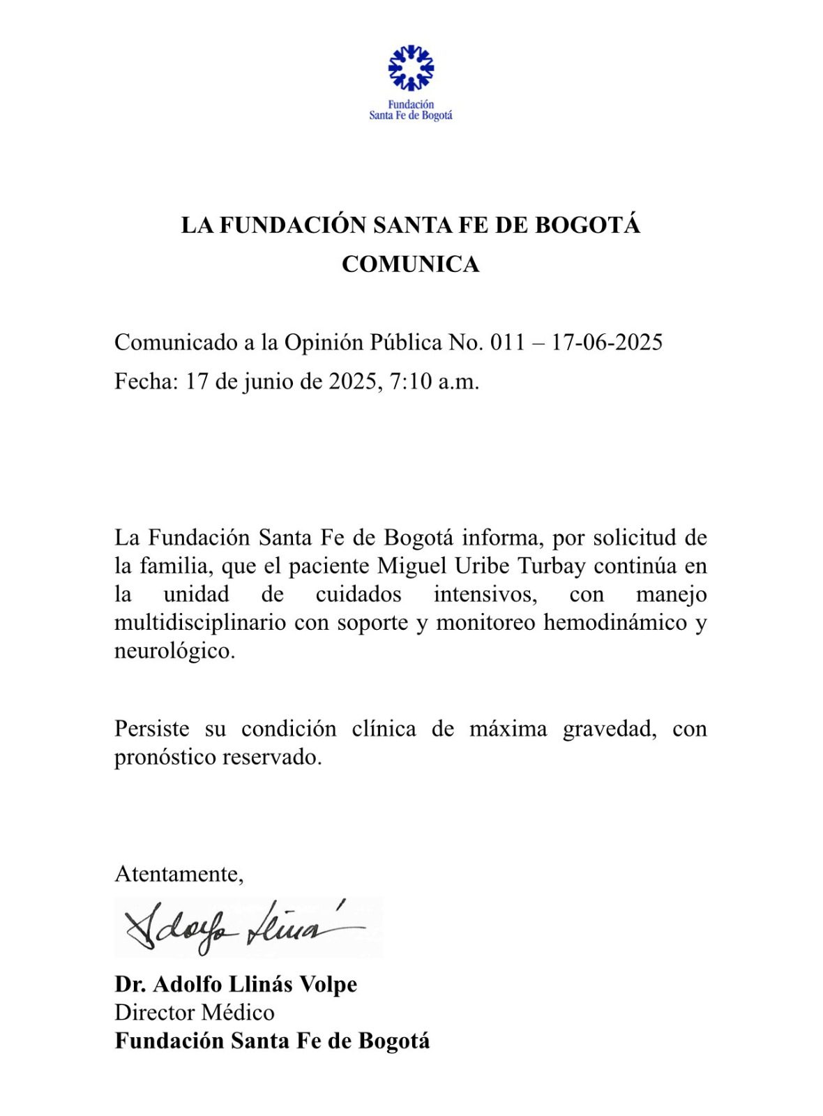 Miguel Uribe continúa en estado de máxima gravedad y con pronóstico reservado
