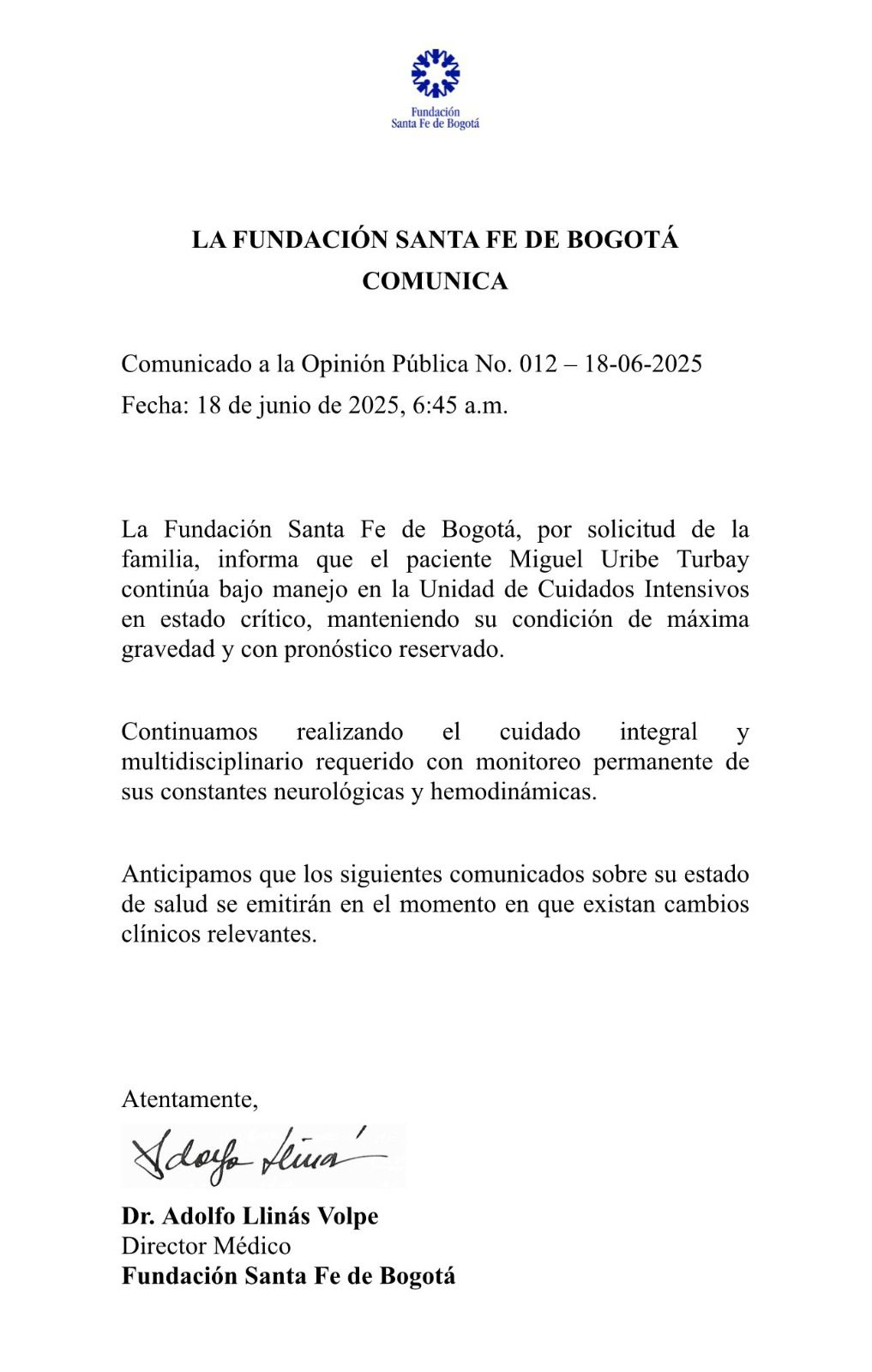 Estado de Miguel Uribe no presenta cambios: se terminan partes médicos diarios