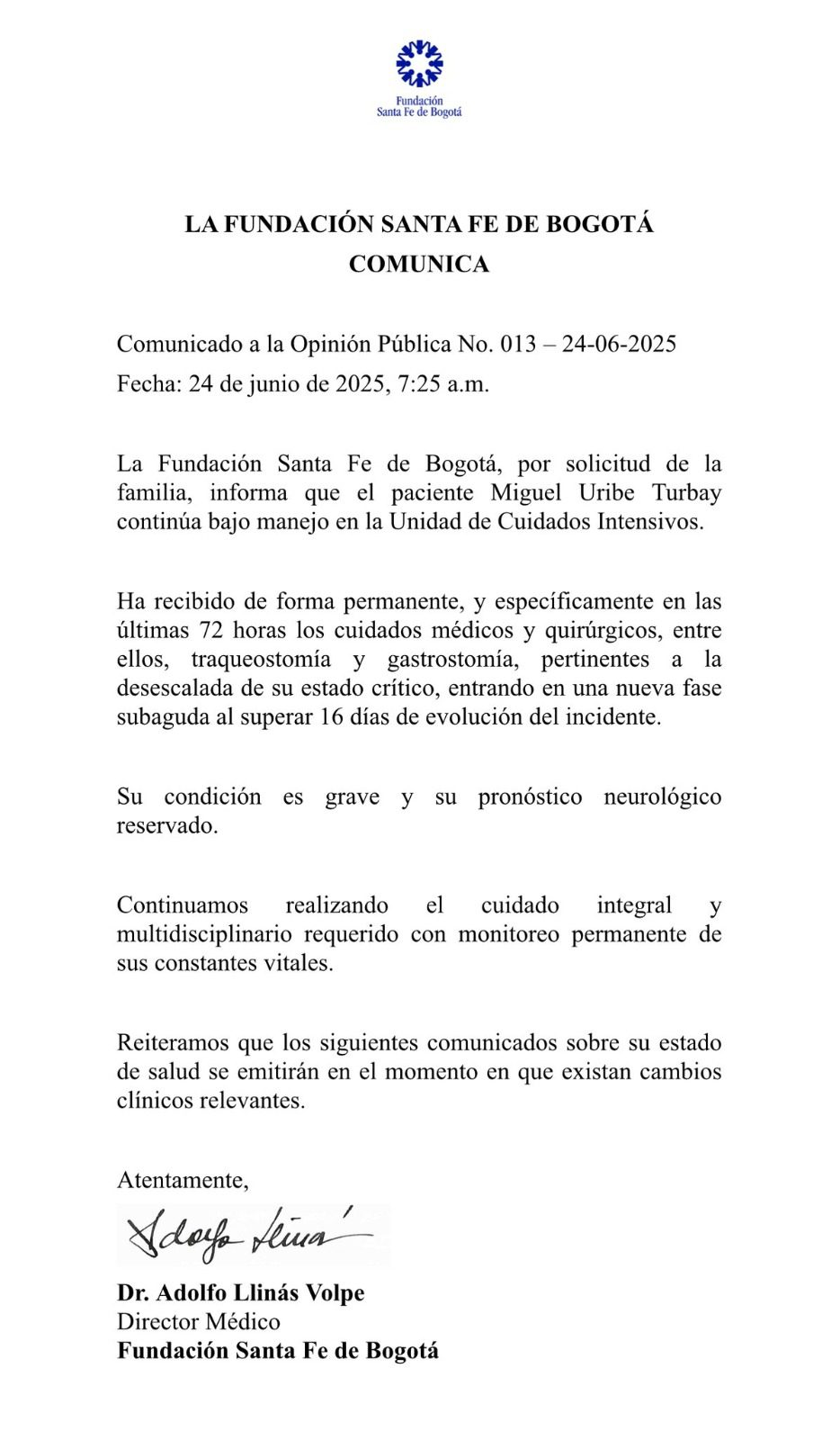 Miguel Uribe presentó “desescalada de su estado crítico”, dice nuevo parte médico