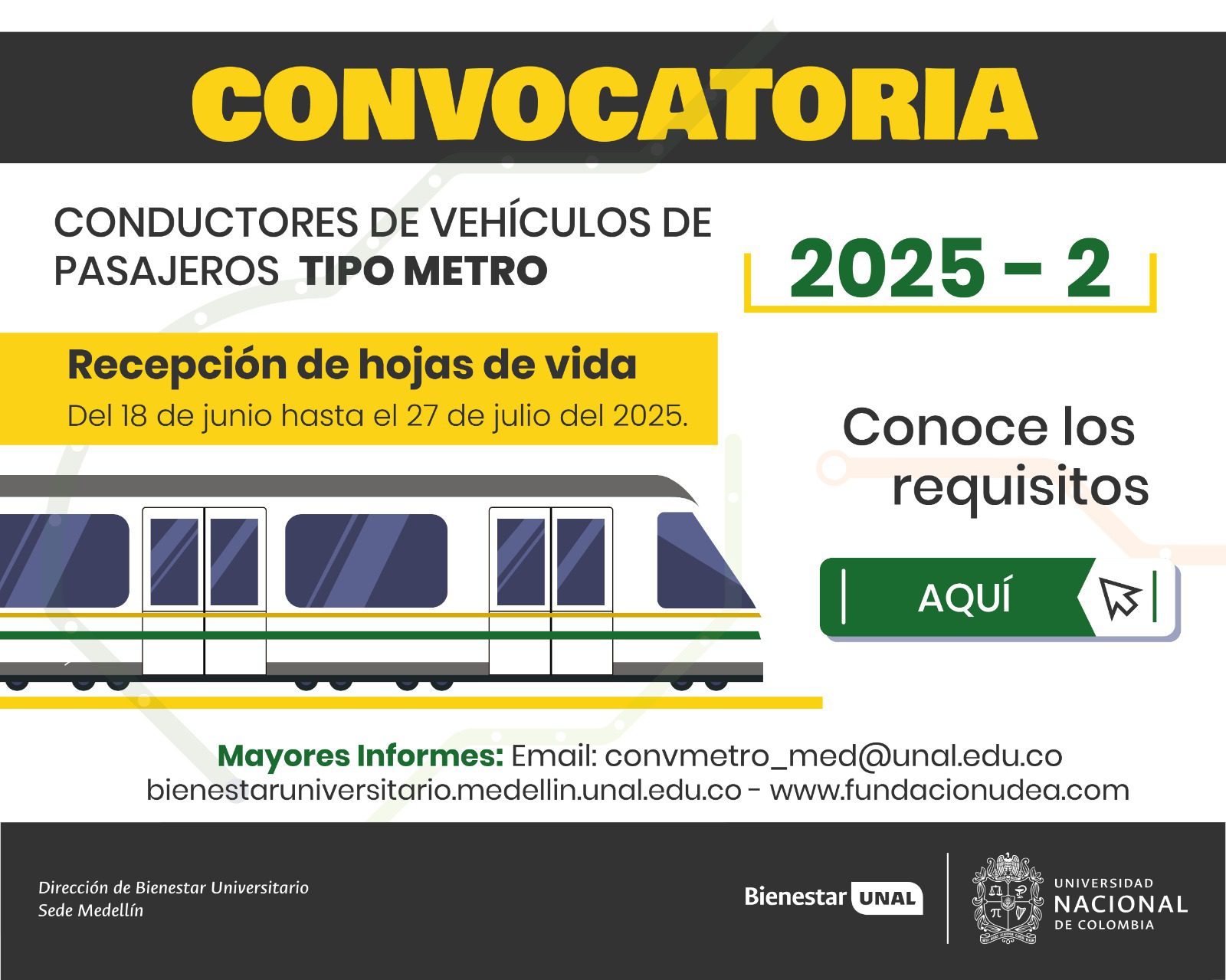 Convocatoria abierta para Conductores de Vehículos de Pasajeros tipo Metro 2025-2