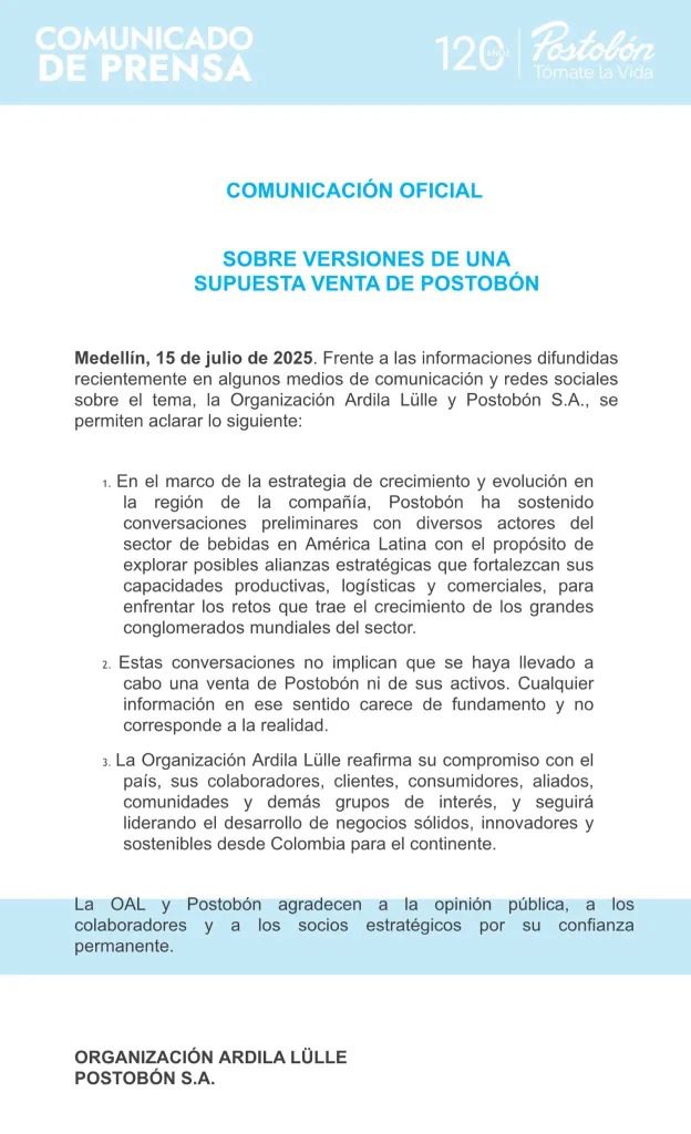 Desmienten venta de Postobón a empresa de Guatemala