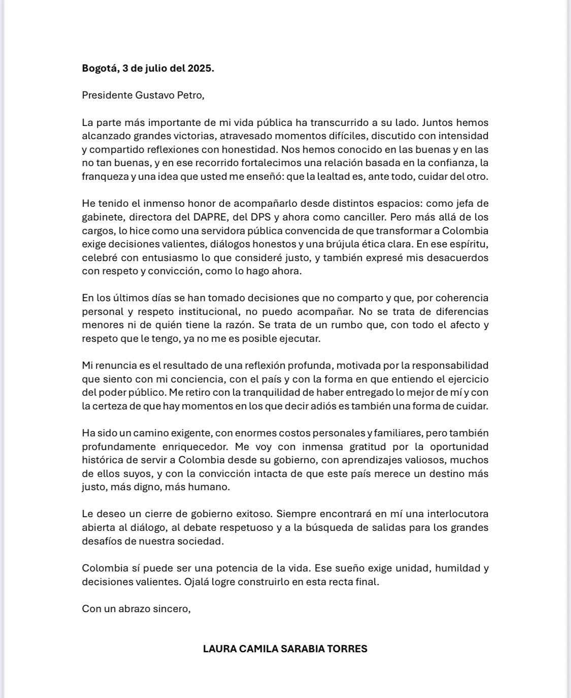 Renunció Laura Sarabia a la Cancillería: “Hay decisiones que no puedo acompañar”