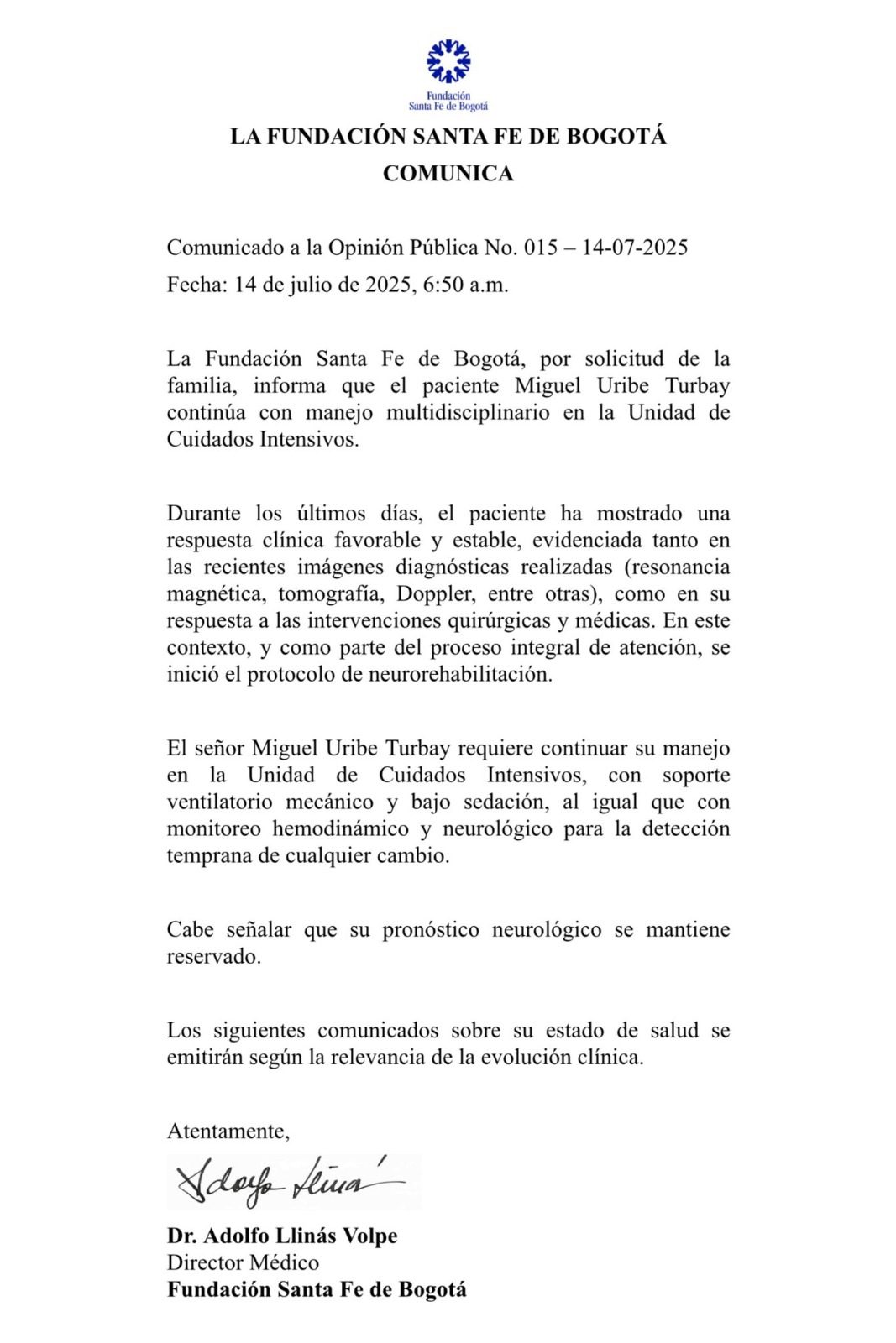 Miguel Uribe muestra una “respuesta clínica favorable y estable”: nuevo parte médico