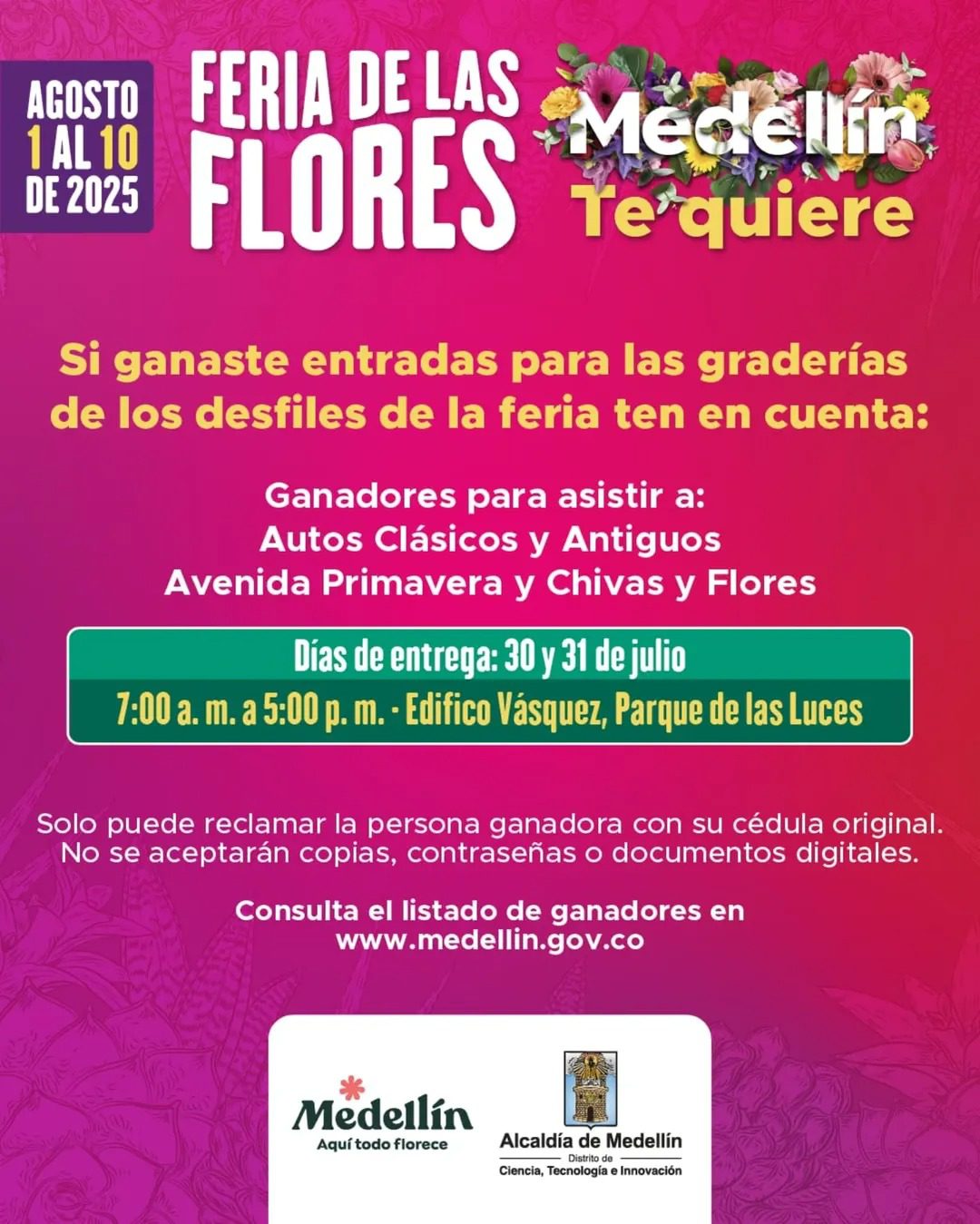 ¿Ganó boletas para desfiles de la Feria de las Flores 2025? Así las puede reclamar