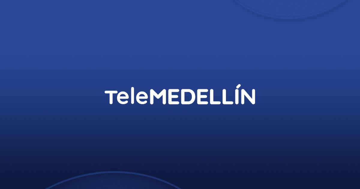 Imagen de fondo azul con logo blanco de Telemedellín en el centro