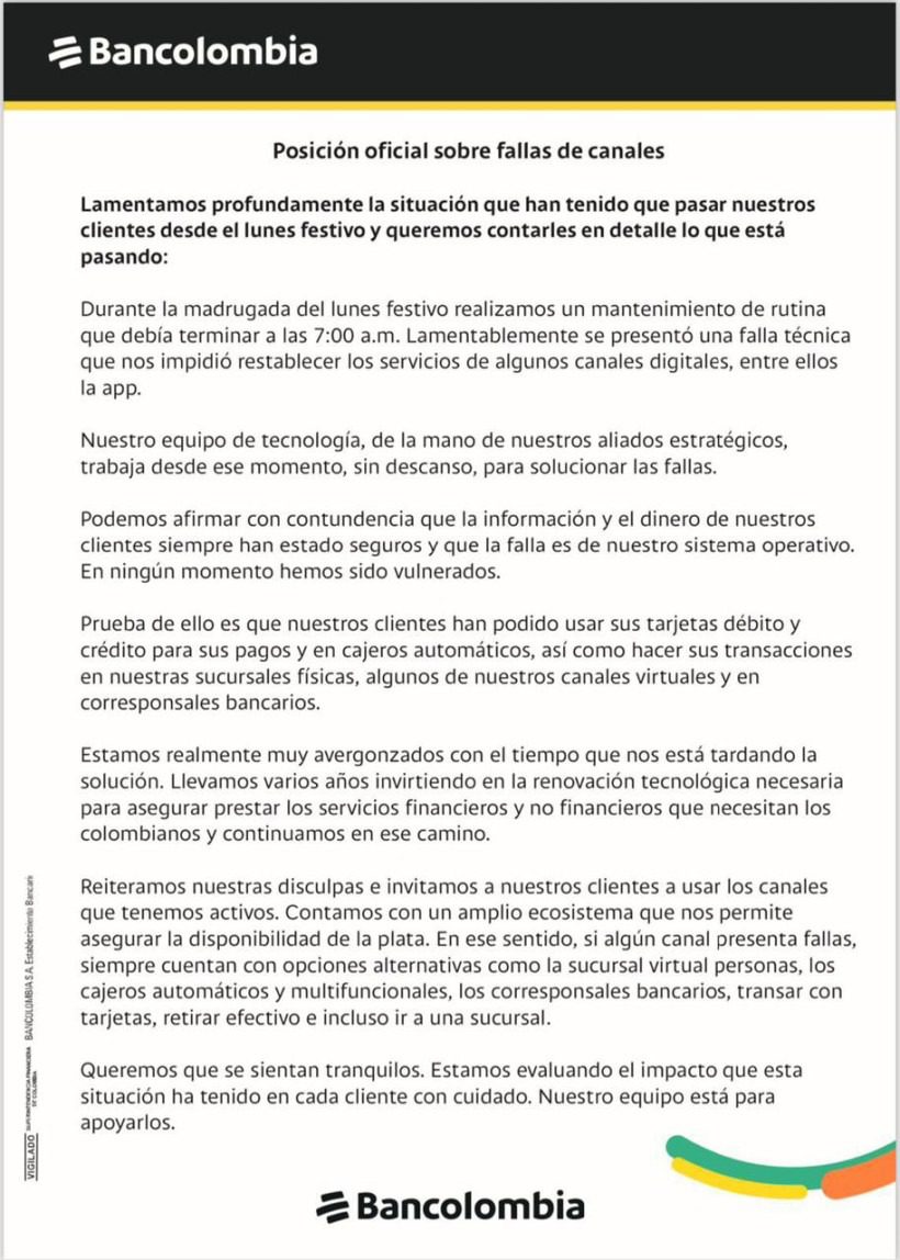 Bancolombia ofrece disculpas a sus clientes y explica el motivo de la caída de su app