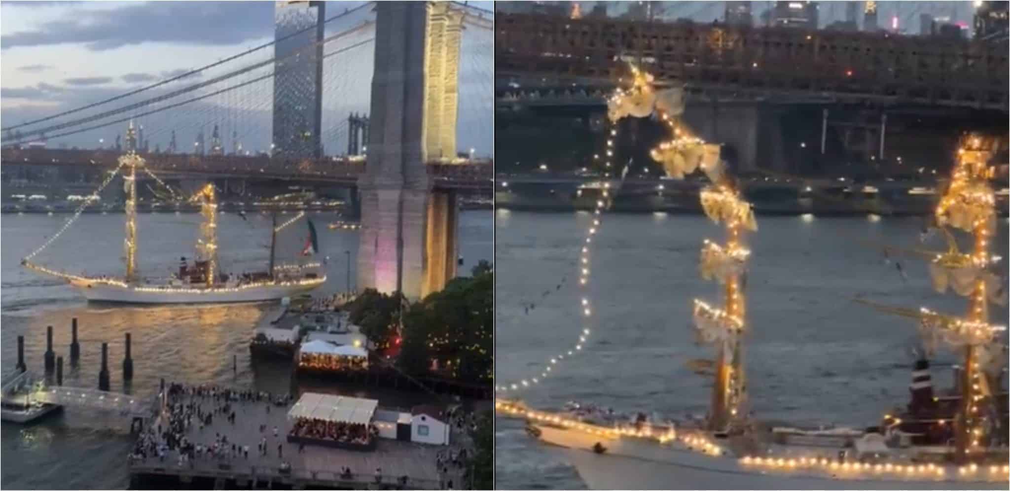 Barco mexicano chocó contra el puente de Brooklyn en Nueva York