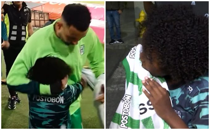 Emotivo momento en el Atanasio Edwin Cardona le regaló su camiseta a pequeño hincha que estaba de