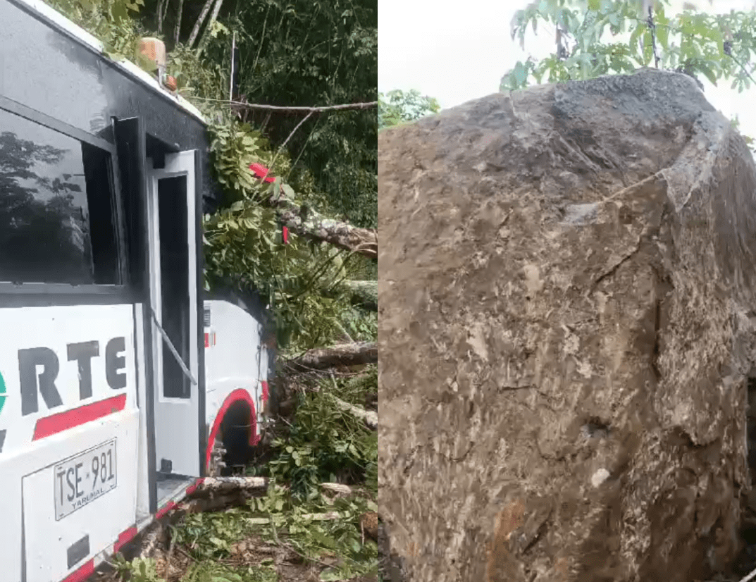 Enorme roca cayó al paso de un bus en la autopista Medellín-Bogotá