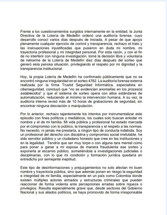 Habló el exsubgerente comercial de la Lotería de Medellín sobre el premio que ganó su esposa