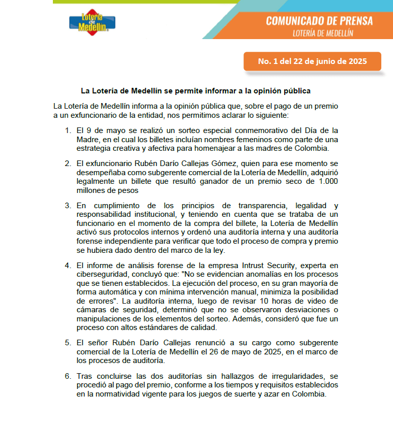 Lotería de Medellín aclara situación sobre premio de esposa del subgerente por mil millones de pesos